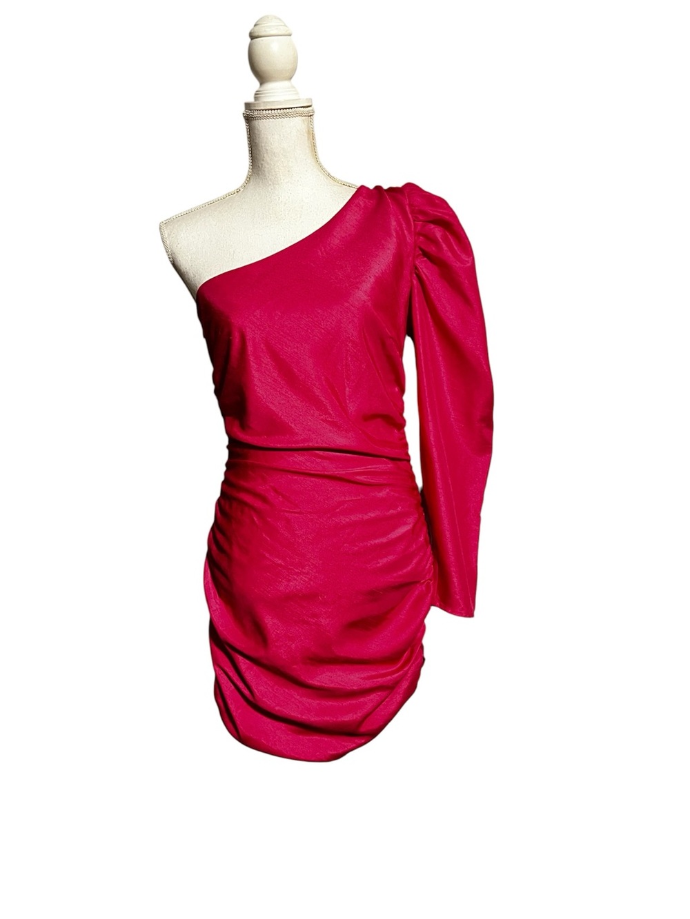 Wilfred One-Shoulder Ruched Mini Dress in Fuchsia Pink